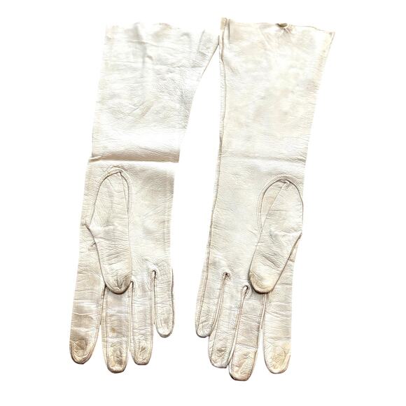Hochschild Kohn Made in France White Gloves kid leather elbow length opera FLAWS - Picture 4 of 7